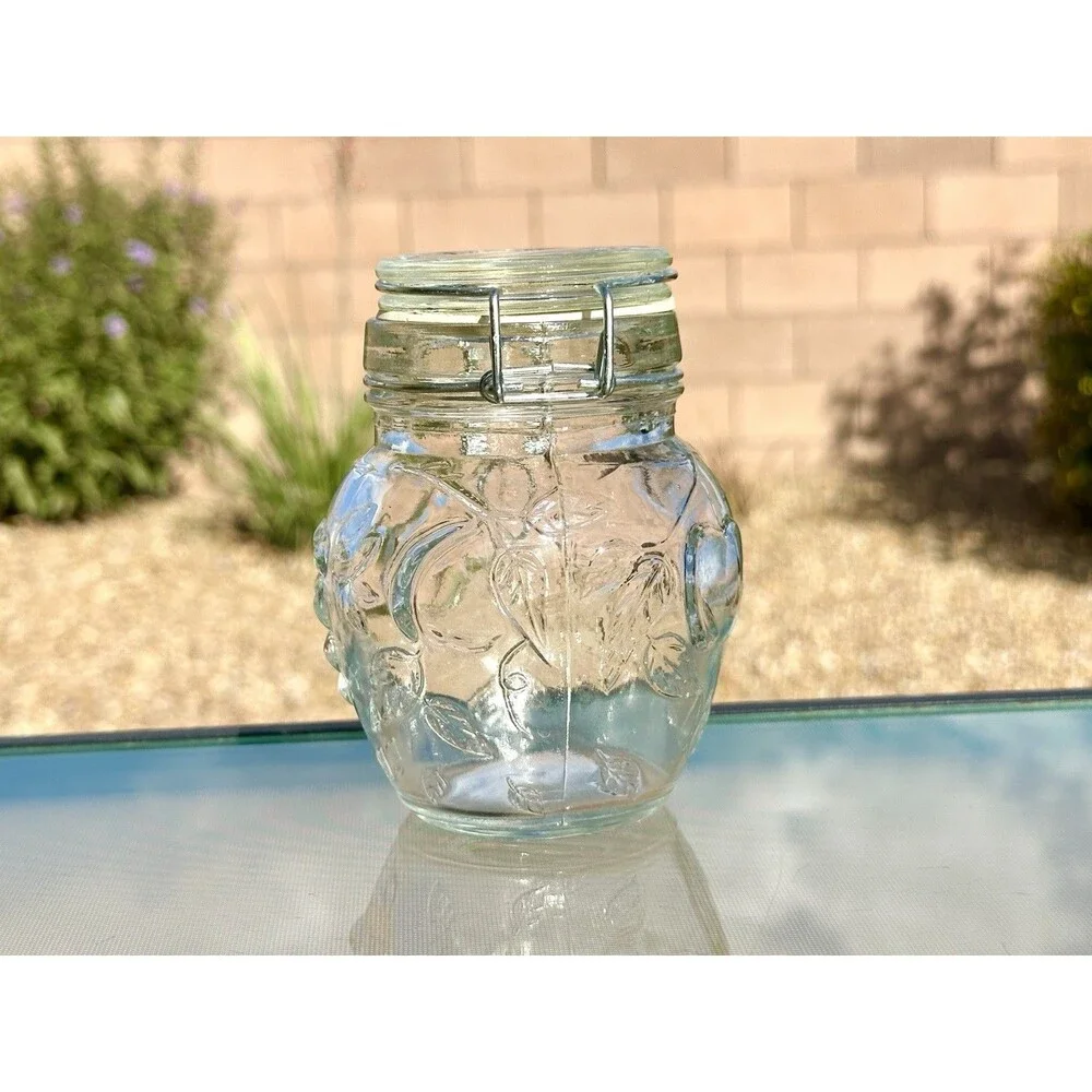 Embossed Vintage Glass Jar With Locking Lid Mason Style Jar, Canning Fruit Motif